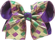 Large Metallic Gold with Green and Purple Diamonds over Purple Double Layer Overlay Bow